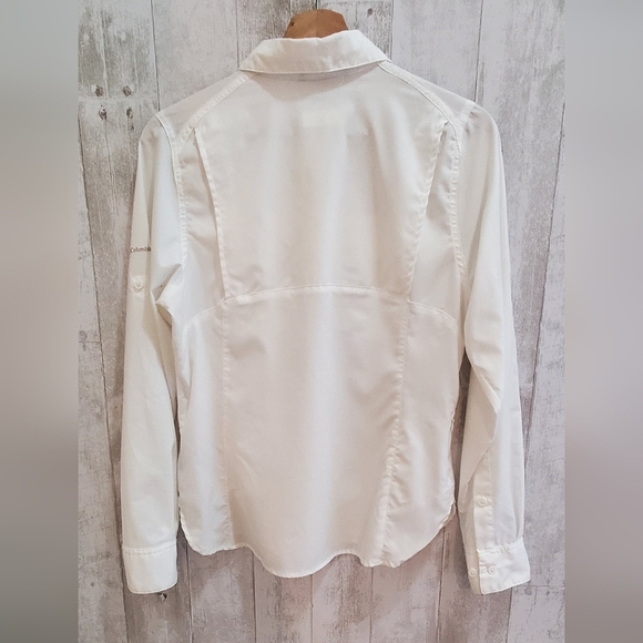Columbia Omni Shade Sun Protection White Button-Up Shirt Roll Tab Sleeves Small - Picture 2 of 8